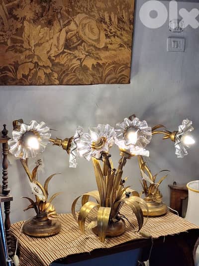 set of 3 antique murano flower shaped italian lamps
