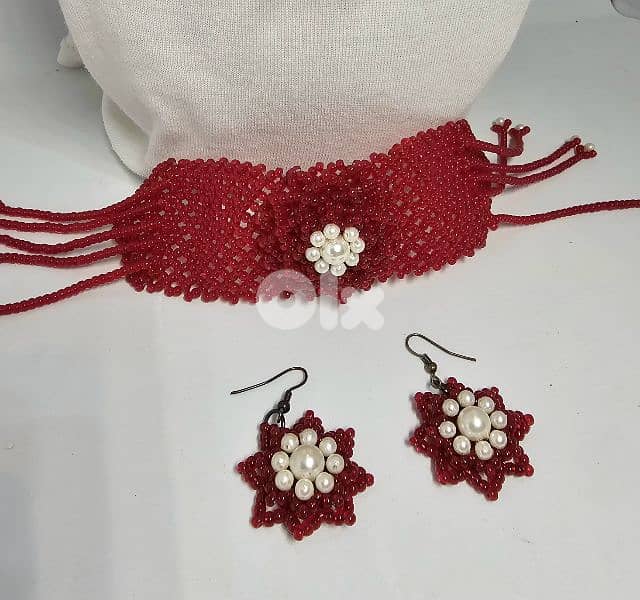 30$ 90s Vintage red chunky marble-style necklace & bracelet & earrings 3