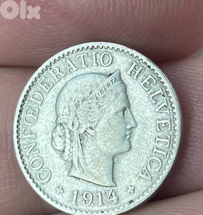 عملة قديمة ٥ هلفاتيكا سويسرا سنة ١٩١٤؛