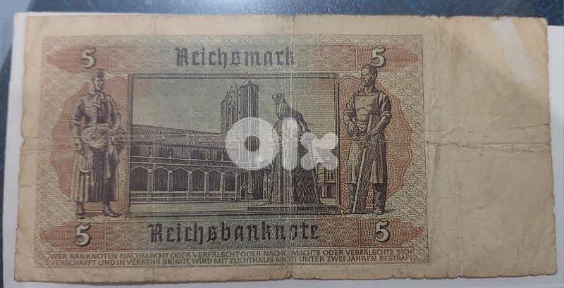 German Nazi Banknote Five marks year 1942 era World War 2 Adolf Hitler 1
