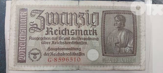 German Nazi Banknote 20 Marks era of World War2 Adolf Hitler