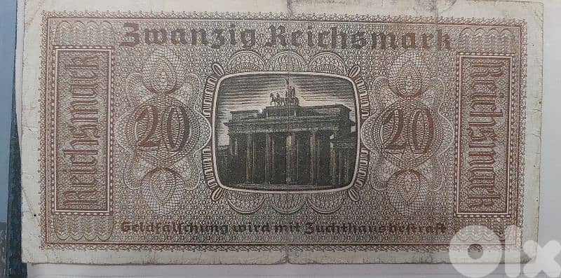 German Nazi Banknote 20 Marks era of World War2 Adolf Hitler 1