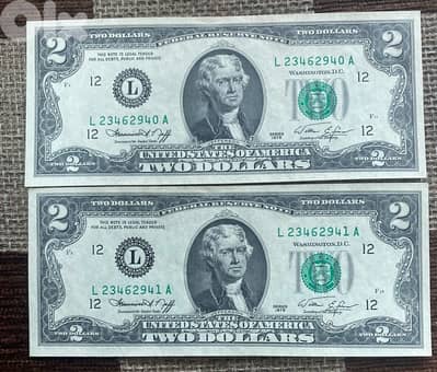 عملة قديمة ٢$ اصدار سنة ١٩٧٦ عدد٢ ارقام متسلسلة حالة انسر