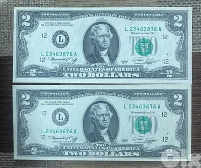 عملة قديمة ٢$ اصدار سنة ١٩٧٦ عدد٢ ارقام متسلسلة حالة انسر