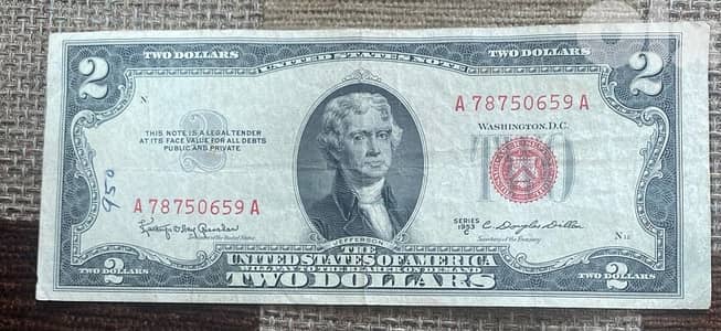 عملة قديمة ٢$ رد سيل اصدار سنة ١٩٥٣ red seal 2$ banknotes