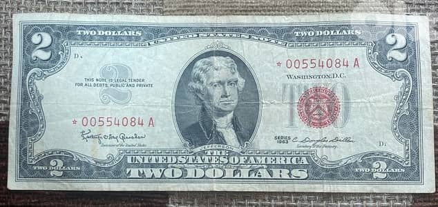 عملة قديمة ٢$ رد سيل رقم مميز سنة ١٩٦٣ Red seal star note banknotes 2$