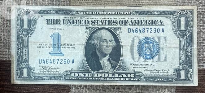 عملة قديمة نادرة ١$ أميركي سنة ١٩٣٤ Funny back blue seal 1934 banknote