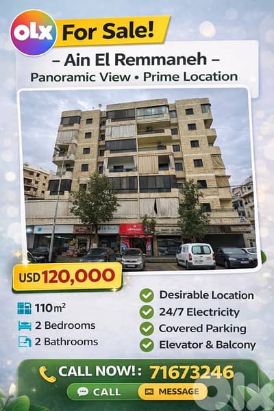 Apartment for Sale in Ain El Remmaneh – Panoramic View, Prime Location