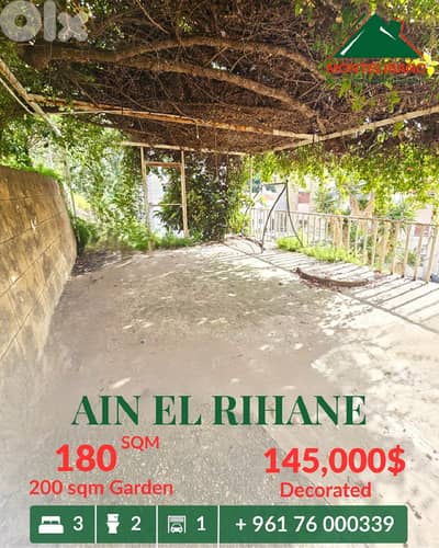 180 sqm Apartment For Sale in Ain El Rihane with 200 sqm Garden