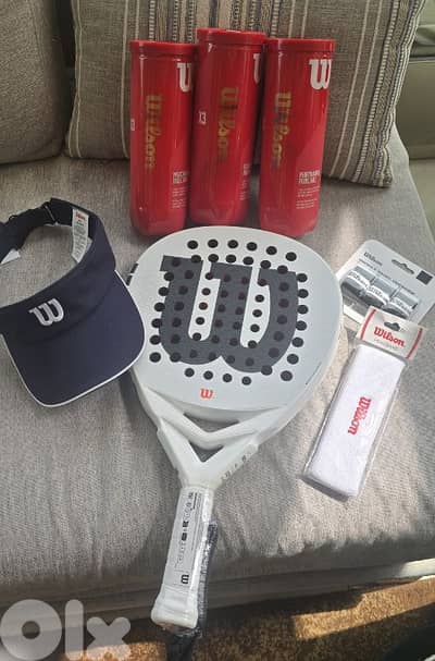 Wilson padel racket, wisor hat, head band, padel over grips & balls
