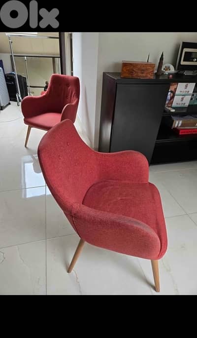 Pair of Modern Red Button-Tufted Accent Chairs