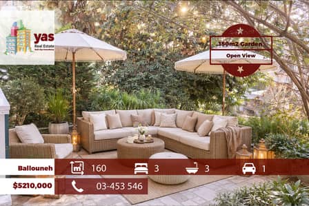 Ballouneh 160m2 | 150m2 Garden | Open View | Prime Location | TO