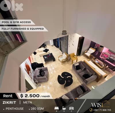 280 SQM Fully Furnished & Equipped Penthouse for RENT in Zikrit!