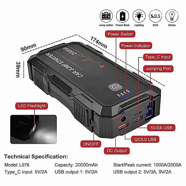 Car Jump Starter Battery Booster 22000mAh 4