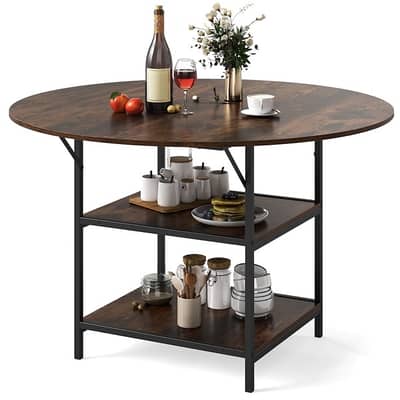 COSTWAY 120 CM Round Dining Table with 2-Tier Storage Shelf