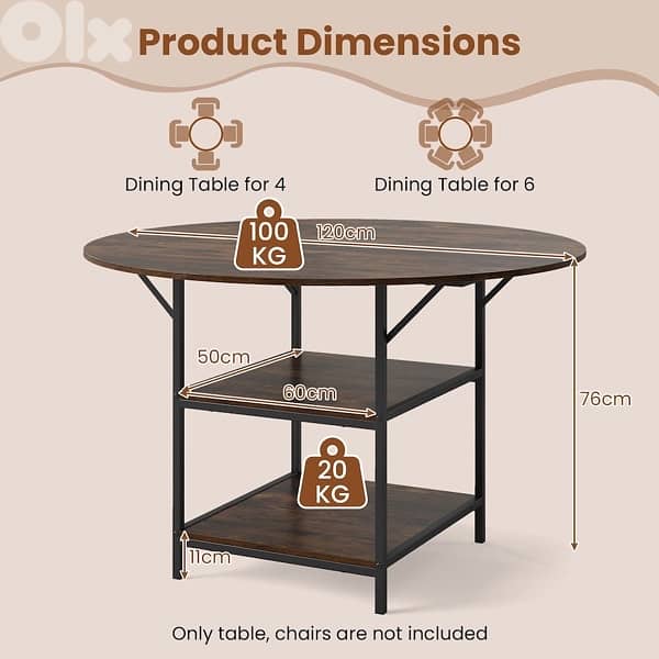 COSTWAY 120 CM Round Dining Table with 2-Tier Storage Shelf 1