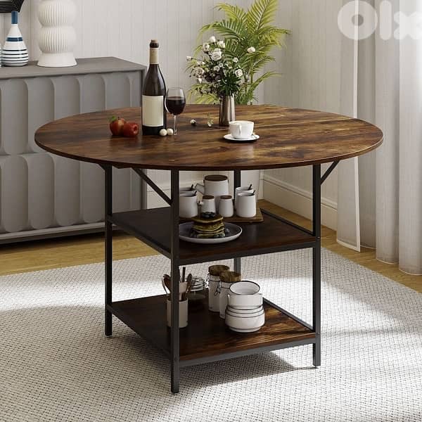 COSTWAY 120 CM Round Dining Table with 2-Tier Storage Shelf 2