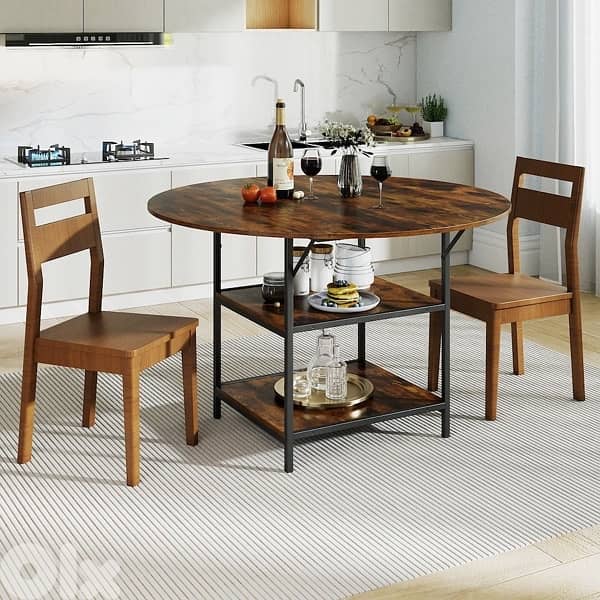 COSTWAY 120 CM Round Dining Table with 2-Tier Storage Shelf 3