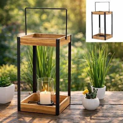 Cepewa Large Metal & Wooden Lantern with Glass Candleholder 23 x 55 x