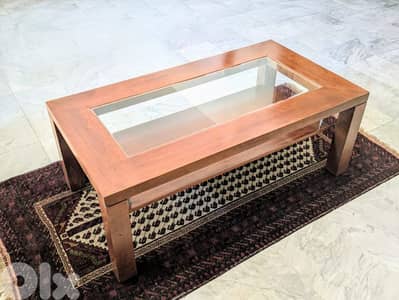 Wooden low table with glass – good condition