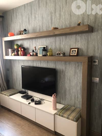 book shelves with under drawers with two side seats / storage