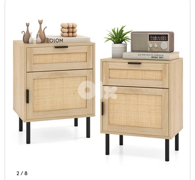 Costway Single Door Single Drawer Natural Rattan Nightstand Set of 2 5