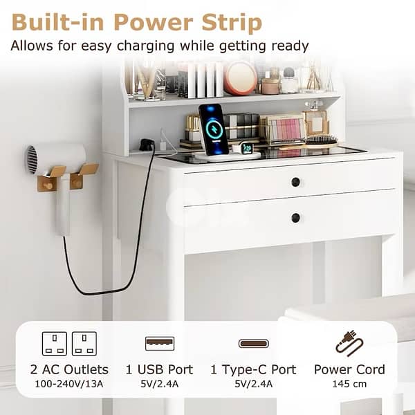 vanity dresser with Led light and built in power strip 6