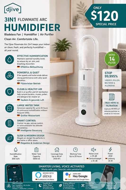 Air purifier and air humidifier and fan 1