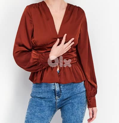 Rust Silky-Look Ruched Blouse