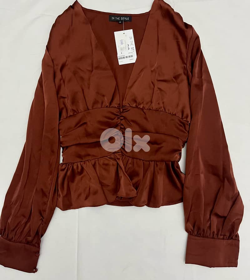 Rust Silky-Look Ruched Blouse 1