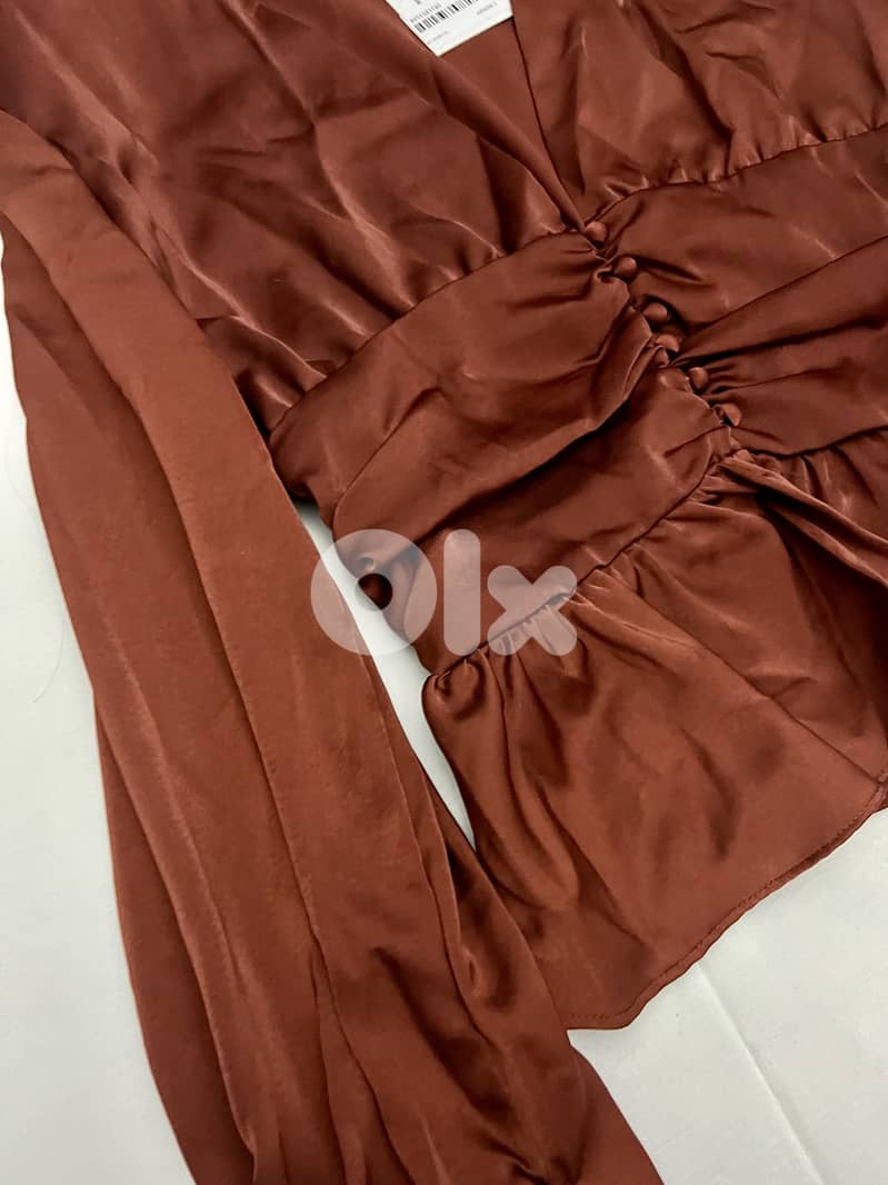 Rust Silky-Look Ruched Blouse 2