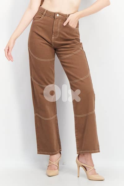 Women Wide Leg Pants Non Stretchable Jeans, Brown