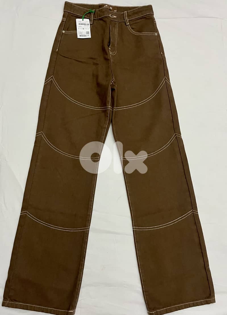 Women Wide Leg Pants Non Stretchable Jeans, Brown 1