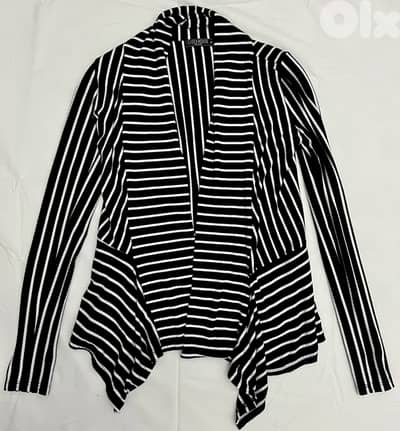 Black and White Striped Open Front Cardigan