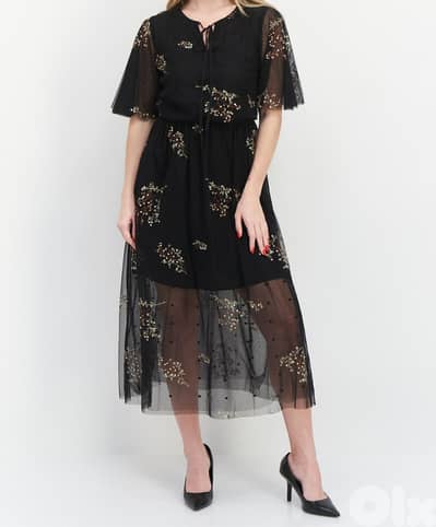 Vero Moda Black Embroidered tulle dress