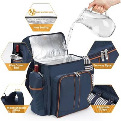 Double Deck Leakproof Cooler Picnic Backpack For 4 Persons Navy Blue 2