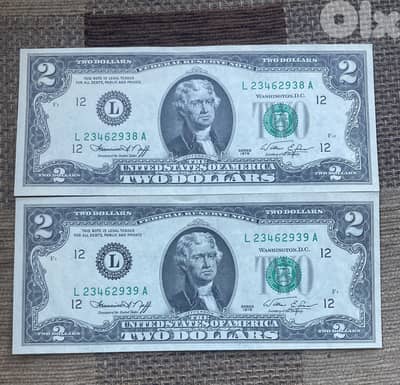 عملة قطعتين ٢$ أميركي انسر متسلسل سنة ١٩٧٦ 2$ banknotes UNC consecutiv