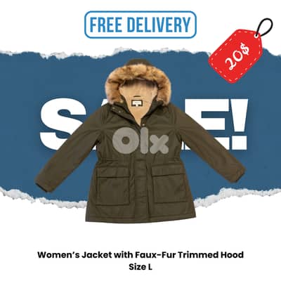 Women’s Jacket with Faux-Fur Trimmed Hood Size L