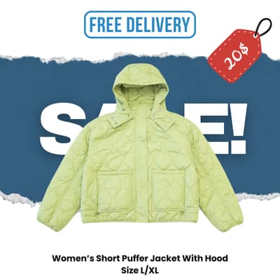 Women’s Short Puffer Jacket With Hood Size L/XL