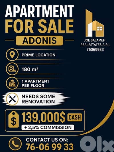 Apartment for sale in Adonis 180m2 Prime Location/أدونيس