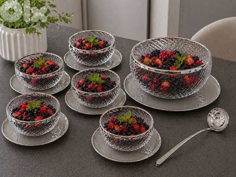 Elegant Fruit Salad Serving Set – Glass Bowls with Silver Rim 1