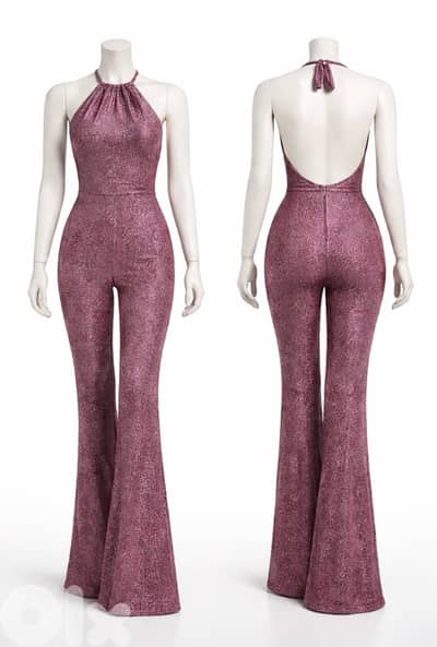 Elegant Mauve Glitter Halter Jumpsuit, Size Medium