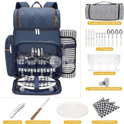 Double Deck Leakproof Cooler Picnic Backpack For 4 Persons Navy Blue 2