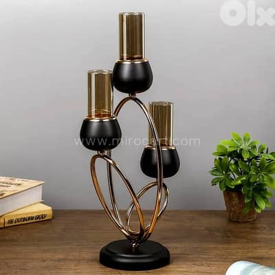 Amber Glass 3-Arm Candle Holder — Black & Gold