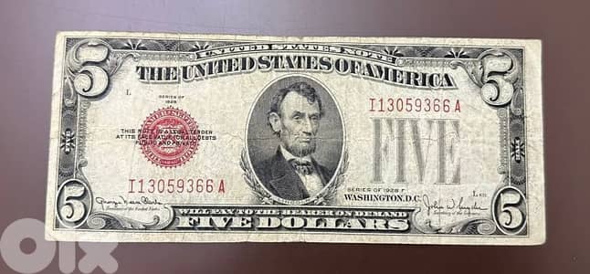 Five USD Red Seal Banknote year 1928 خمسة دولار اميركي الطبعة الحمراء
