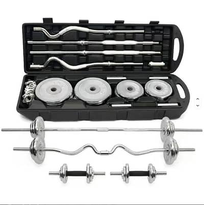 55 Kg Adjustable dumbells and Barbell & Curve Barbell Chrome