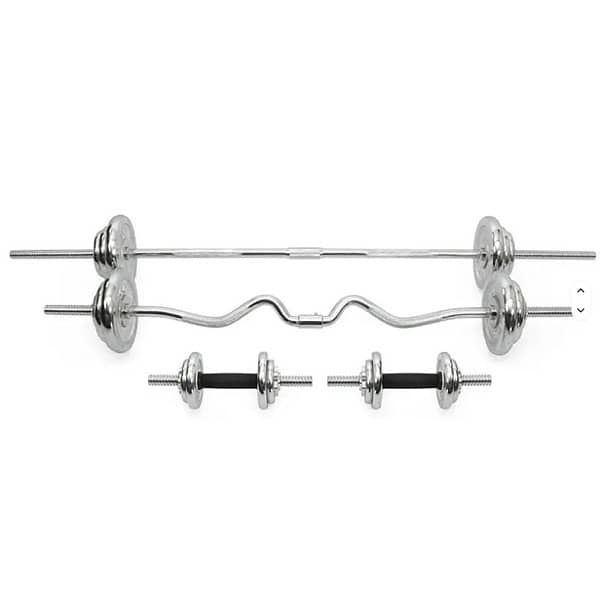 55 Kg Adjustable dumbells and Barbell & Curve Barbell Chrome 1