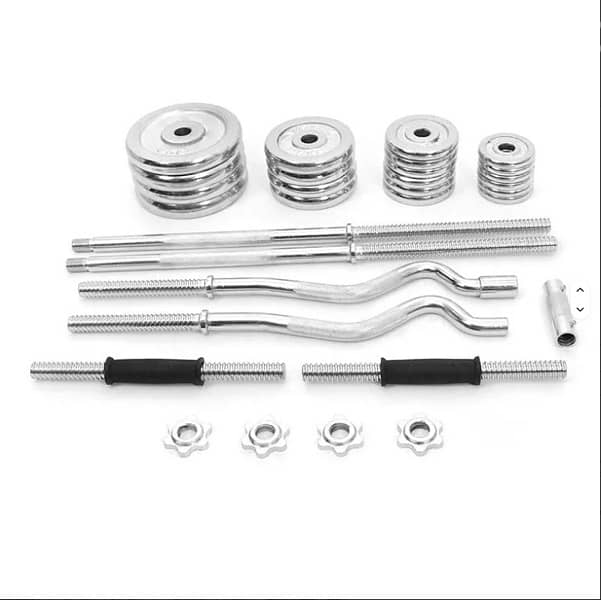 55 Kg Adjustable dumbells and Barbell & Curve Barbell Chrome 2