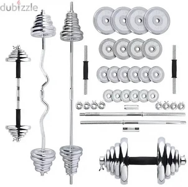 55 Kg Adjustable dumbells and Barbell & Curve Barbell Chrome 3