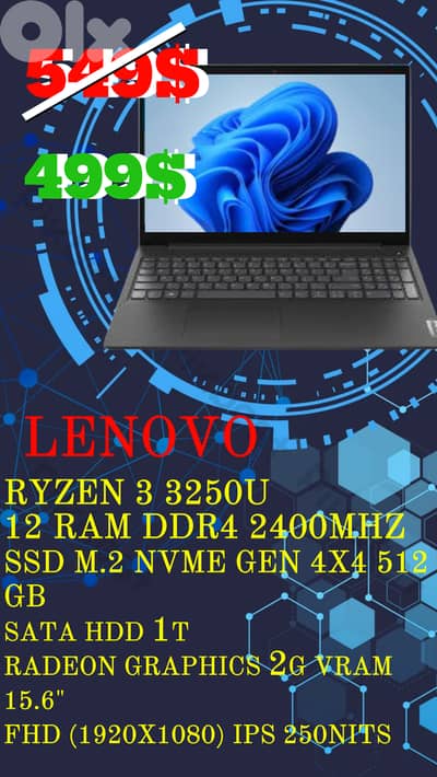 lenovo ryzen3 3250 , 12gram , ssd 1,5t (1,500gb) , 2gb vram , 500$